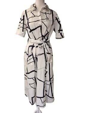 DKNY White Midi Shirt Dress with Black Abstract Grid